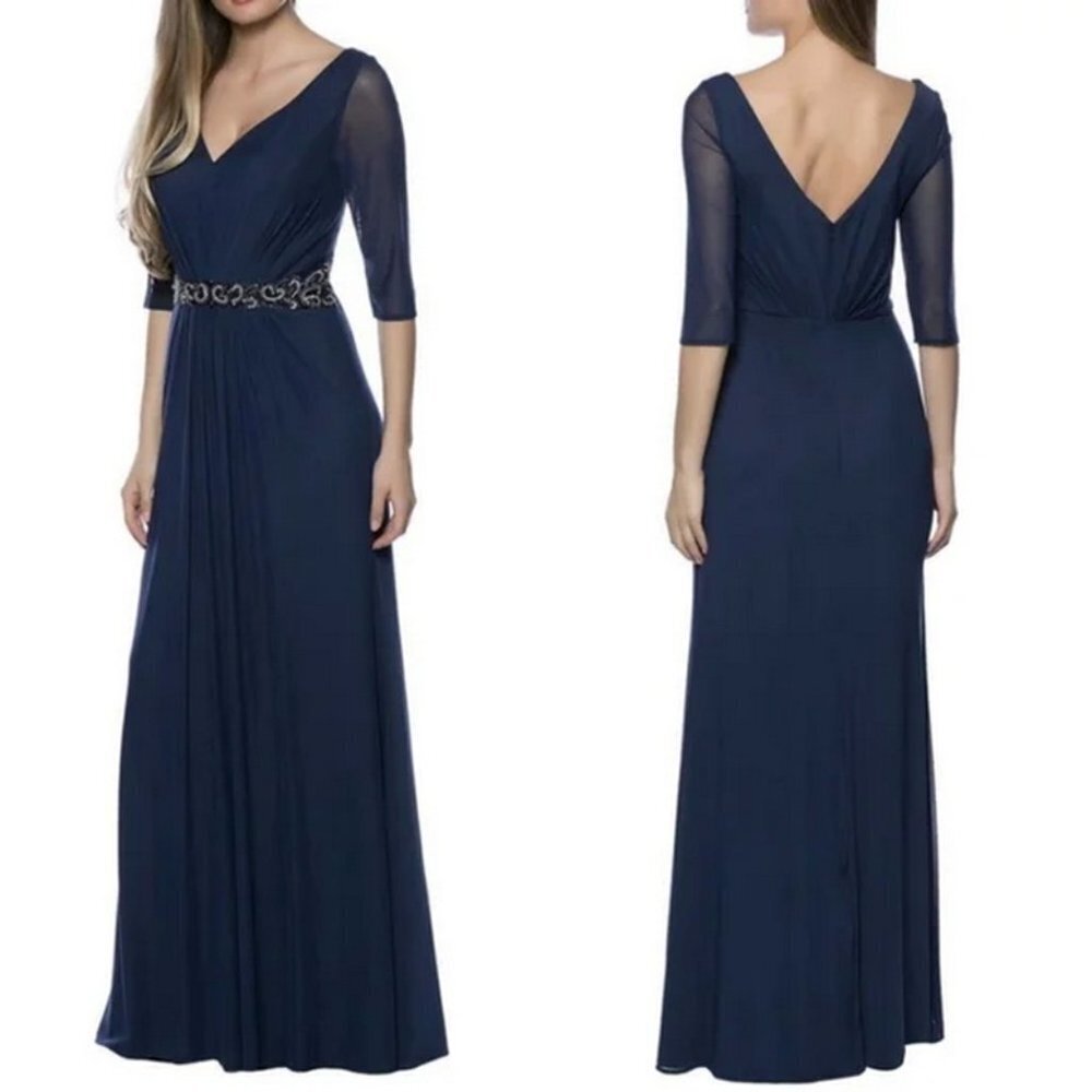 Marina Navy Blue Elbow Length Beaded Waist A-Line Maxi Gown